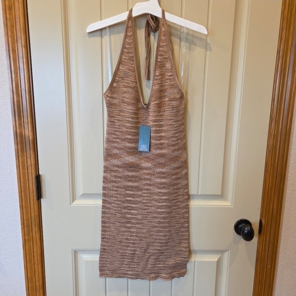 Light Brown Space Dye Knit Halter Mini Dress Medium New Women's